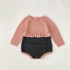 Autumn and Spring Infant Baby Girls Long Sleeve One Piece Color Patchwork Knitted Onesies Wholesale