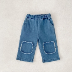 2025 New Arrival Baby Kids Unisex Denim Patchwork Design Casual Pants In Spring and Autumn Wholesale