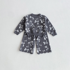 2025 Autumn Infant Baby Girls Butterfly-bows Long Sleeves Sweater With Pants Sets Wholesale