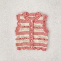 New Arrival Autumn Infant Baby Girls Striped Sleeveless Single Breasted Knitted Vest Wholesale