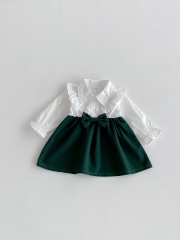 Autumn and Spring Infant Baby Girls Color Patchwork Long Sleeve One Piece Dress with Collar Wholesale
