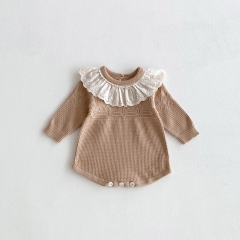Autumn and Spring Infant Baby Girls Long Sleeve One Piece Color Patchwork Knitted Vintage Onesies Wholesale