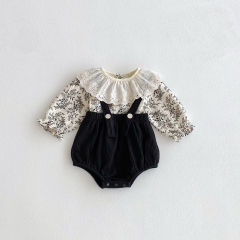 2025 Autumn Infant Baby Girls Long Sleeves Floral Top with Black Sleeveless Onesies Overalls Sets Wholesale