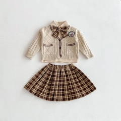2025 Autumn Infant Baby Girls Long Sleeves Top Shirt, Preppy Cardigan with Plaid Skirt Sets Wholesale