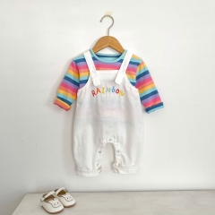 2025 Autumn Infant Baby Long Sleeves Colorful Striped Top With Letters Embroidered Overalls Sets Wholesale