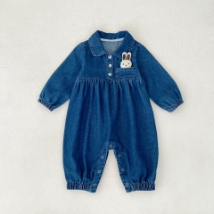 Autumn Infant Baby Girls Denim Long Sleeves One Piece Cartoon Rabbit Pattern Rompers with Collar Wholesale