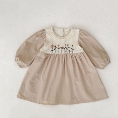 Autumn Infant Baby Girls Flowers Embroidered Pattern Long Sleeves One Piece Color Patchwork Dress Wholesale