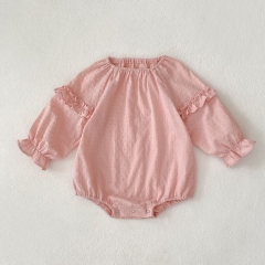 Autumn Infant Baby Girls Dots Pattern Long Sleeves One Piece Solid Color Pink Onesies Wholesale