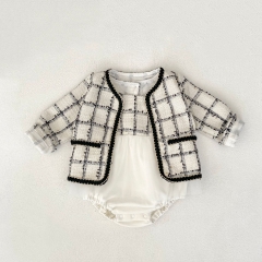 2025 Autumn Infant Baby Girls Long Sleeves Open-front Cardigan With Sleeveless Onesies Plaid Sets Wholesale