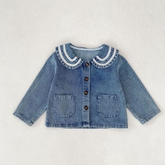 Autumn New Arrival Infant Baby Kids Girls Navy Collar Long Sleeves Single Breasted Denim Jacket Wholesale