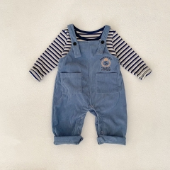 2025 Autumn Infant Baby Unisex Long Sleeves Striped Top With Letters Pattern Corduroy Overalls Sets Wholesale