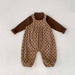2025 Autumn Infant Baby Unisex Long Sleeves Plain Top With Polka Dots Pattern Corduroy Overalls Sets Wholesale