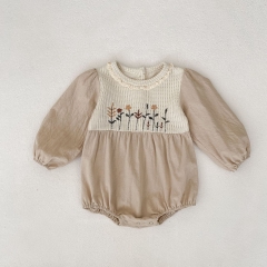 Autumn Infant Baby Girls Flowers Embroidered Pattern Long Sleeves One Piece Color Patchwork Onesies Wholesale