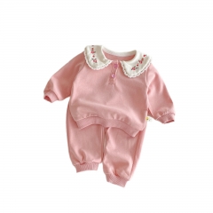 2025 Autumn Infant Baby Girls Flowers Embroidered Pattern Collar Long Sleeves Pullover With Pants Sets Wholesale