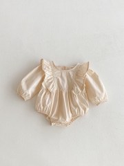 Autumn Infant Baby Girls Vintage Embroidery Long Sleeves One Piece Solid Color Onesies Wholesale