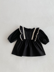 Autumn Infant Baby Girls Vintage Embroidery Long Sleeves One Piece Solid Color Dress Wholesale