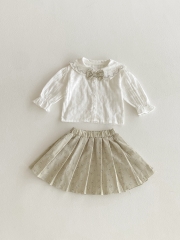 2025 Autumn Infant Baby Girls Long Sleeves Plaid Single Breasted Top Shirt with Floral Skirt Sets Wholesale