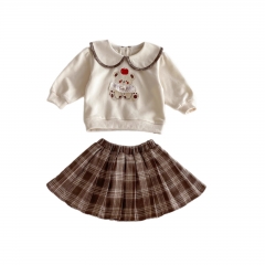 2025 Autumn Infant Baby Girls Long Sleeves Teddy Bear Cartoon Top Shirt with Plaid Skirt Sets Wholesale