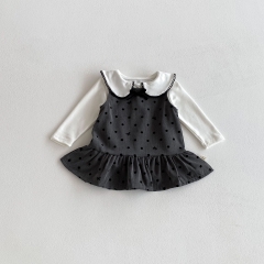 2025 Autumn Infant Baby Girls Long Sleeves White Top with Polka Dots Pattern Sleeveless Dress Sets Wholesale