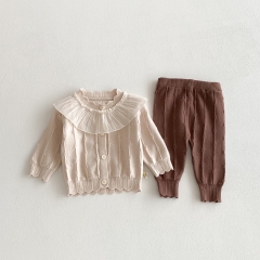 2025 Autumn Infant Baby Girls Long Sleeves Solid Color Single Breasted Top Cardigan with Pants Sets Wholesale
