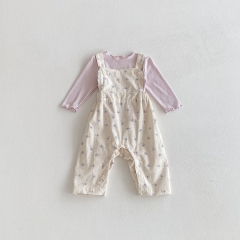 2025 Autumn Infant Baby Girls Long Sleeves Purple Top with Floral Pattern Sleeveless Overalls Sets Wholesale