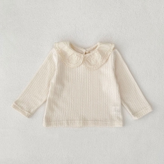 New Arrival Autumn Baby Kids Girls Long Sleeves Solid Color Striped and Embroidery Pattern Top for Stylish Girls Wholesale