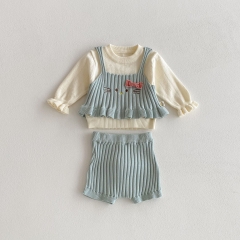 2025 Autumn Infant Baby Girls Solid Color Long Sleeves Top, Cartoon Pattern Sleeveless Vest with Bloomers Sets Wholesale