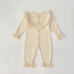 Autumn Infant Baby Girls Plain Single Breasted Long Sleeve One Piece Patchwork Design Knitted Romper Wholesale