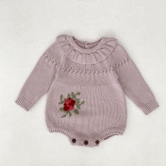 Autumn Infant Baby Girls Flowers Embroidered Pattern Long Sleeves One Piece Knitted Onesies Wholesale