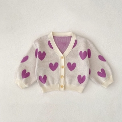 New Arrival Autumn and Spring Infant Baby Girls Hearts Pattern Long Sleeves Single Breasted Knitted Cardigan Wholesale