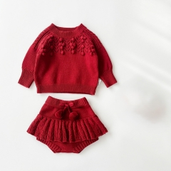 2025 Autumn and Spring Infant Baby Girls Hollow-out Geometric Pattern Plain Long Sleeves Sweater With Bloomers Sets Wholesale