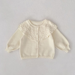 New Arrival Autumn and Spring Infant Baby Girls Solid Color Hollow-out Pattern Collar Long Sleeves Single Breasted Knitted Cardigan Wholesale