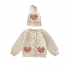 New Arrival Autumn and Spring Infant Baby Girls Hearts Pattern Long Sleeves Single Breasted Knitted Cardigan with Hat Wholesale