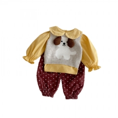 2025 Autumn Infant Baby Girls Solid Color Long Sleeves Top, Cartoon Pattern Sleeveless Vest with Floral Pants Sets Wholesale