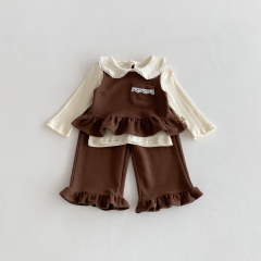 2025 Autumn Infant Baby Girls Striped Long Sleeves Top, Lace Decorated Sleeveless Vest with Plain Pants Sets Wholesale