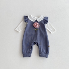 2025 Autumn Infant Baby Girls Long Sleeves Beige Top with Flower Pattern Fly Sleeves Overalls Sets Wholesale