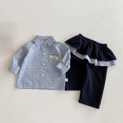 2025 Autumn Infant Baby Girls Long Sleeves Plaid Single Breasted Shirt with Pants Sets Wholesale