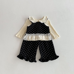 2025 Autumn Infant Baby Girls Striped Long Sleeves Top, Lace Decorated Sleeveless Vest with Floral Pants Sets Wholesale