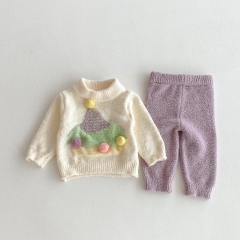 2025 Winter and Autumn Infant Baby Girls Long Sleeves Christmas Tree Pattern Pullover with Pants Sets Wholesale
