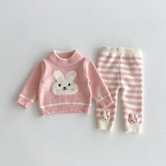 2025 Winter and Autumn Infant Baby Girls Long Sleeves Cartoon Rabbits Pattern Pullover with Striped Pants Sets Wholesale