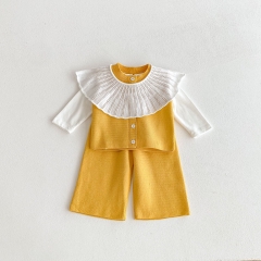 2025 Autumn Infant Baby Girls Solid Color Long Sleeves Beige Top, Yellow Sleeveless Vest with Pants Sets Wholesale