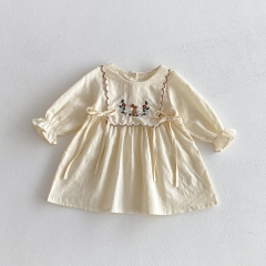 Autumn Infant Baby Girls Flowers and Rabbit Embroidery Pattern Long Sleeves One Piece Dress Wholesale