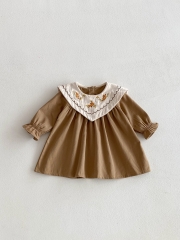 Autumn Infant Baby Girls Flowers Embroidery Pattern Long Sleeves Vintage One Piece Dress Wholesale