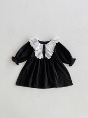 Autumn Infant Baby Girls Flowers Embroidery and Striped Pattern Long Sleeves Vintage One Piece Dress Wholesale