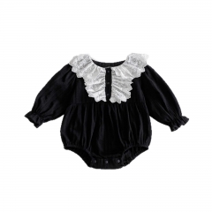 Autumn Infant Baby Girls Flowers Embroidery and Striped Pattern Long Sleeves Vintage One Piece Onesies Wholesale