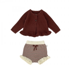 2025 Autumn and Winter Infant Baby Girls Brown Long Sleeves Cardigan With Striped Bloomers Sets Wholesale