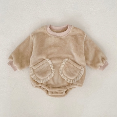 Winter Infant Baby Girls Solid Color Lace Trim Decorated Thick Long Sleeve One Piece Fluffy Onesies Wholesale