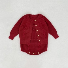 2025 Autumn and Winter Infant Baby Girls Geometric Pattern Long Sleeves Cardigan With Strap Onesies Overalls Sets Wholesale