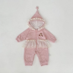 Autumn and Winter Infant Baby Girls Cartoon Pattern Tulle Decorated Long Sleeve One Piece Hooded Romper Wholesale