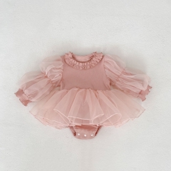 Autumn Infant Baby Girls Solid Color Tulle Patchwork Long Sleeves Pink One Piece Onesies Wholesale